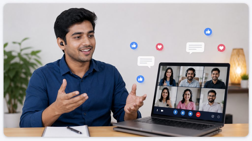 A PRO Communicator member presenting live to their cohort on a video call